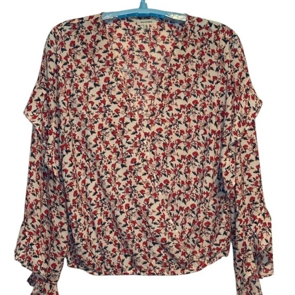 Max Studio Floral Surplice Ruffle Sleeve Blouse Womens‎ Cream Red Cottagecore XL